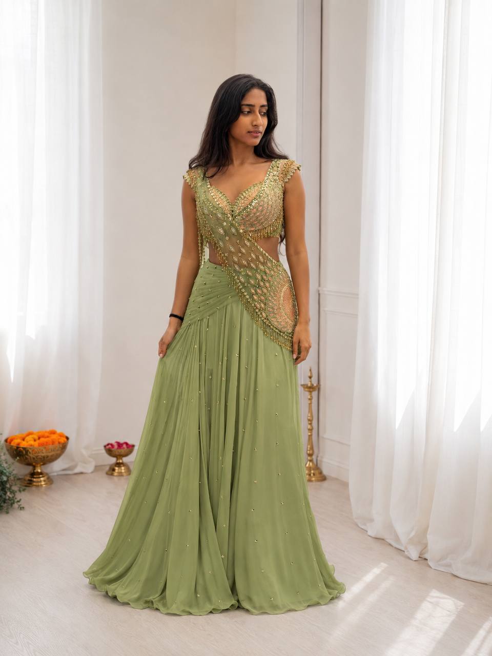 Heavy Chinon Silk Ready-to-Wear Saree