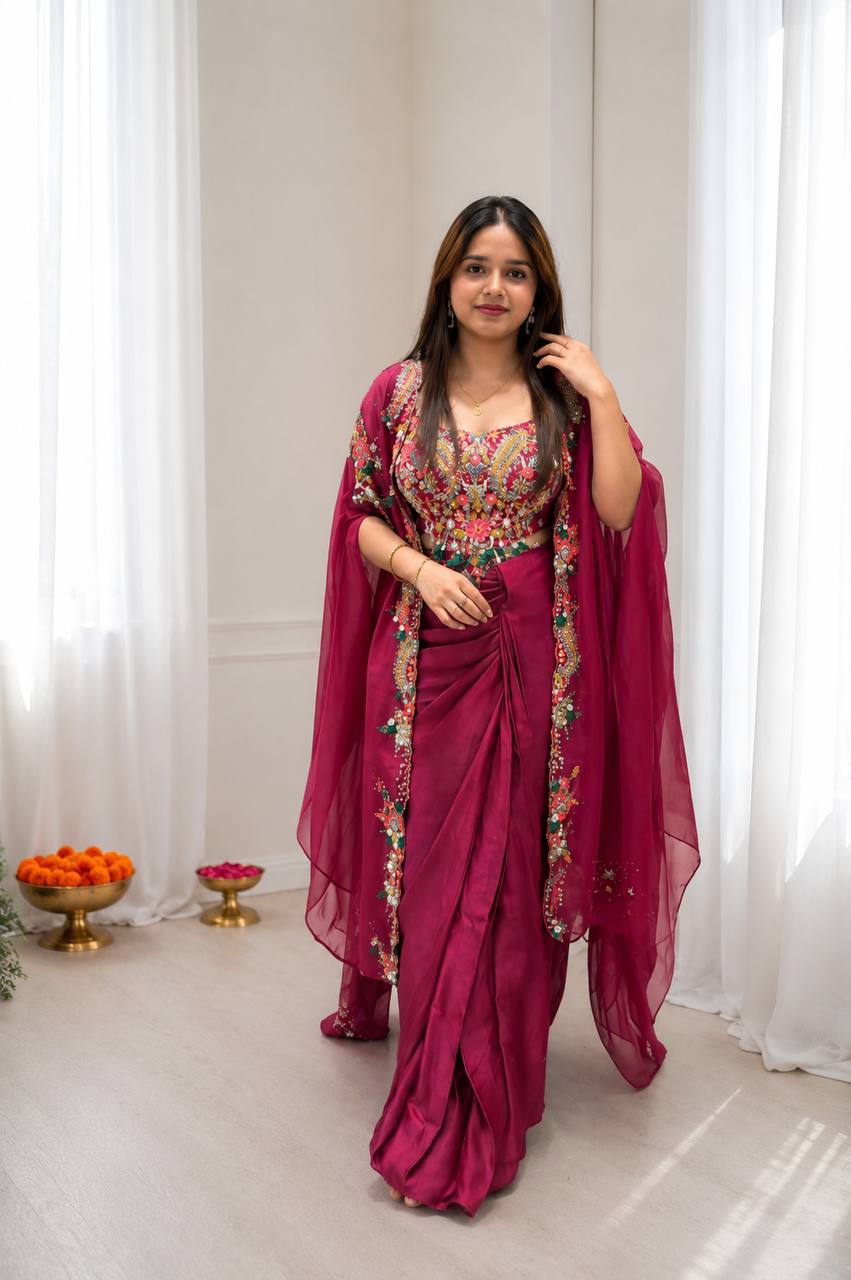 Crepe Silk Sharara Set with Embroidered Shrug