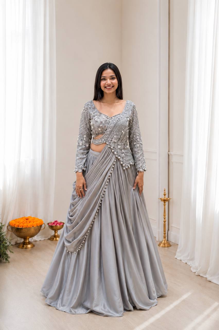 Embroidered Rangoli Silk Lehenga Saree Set