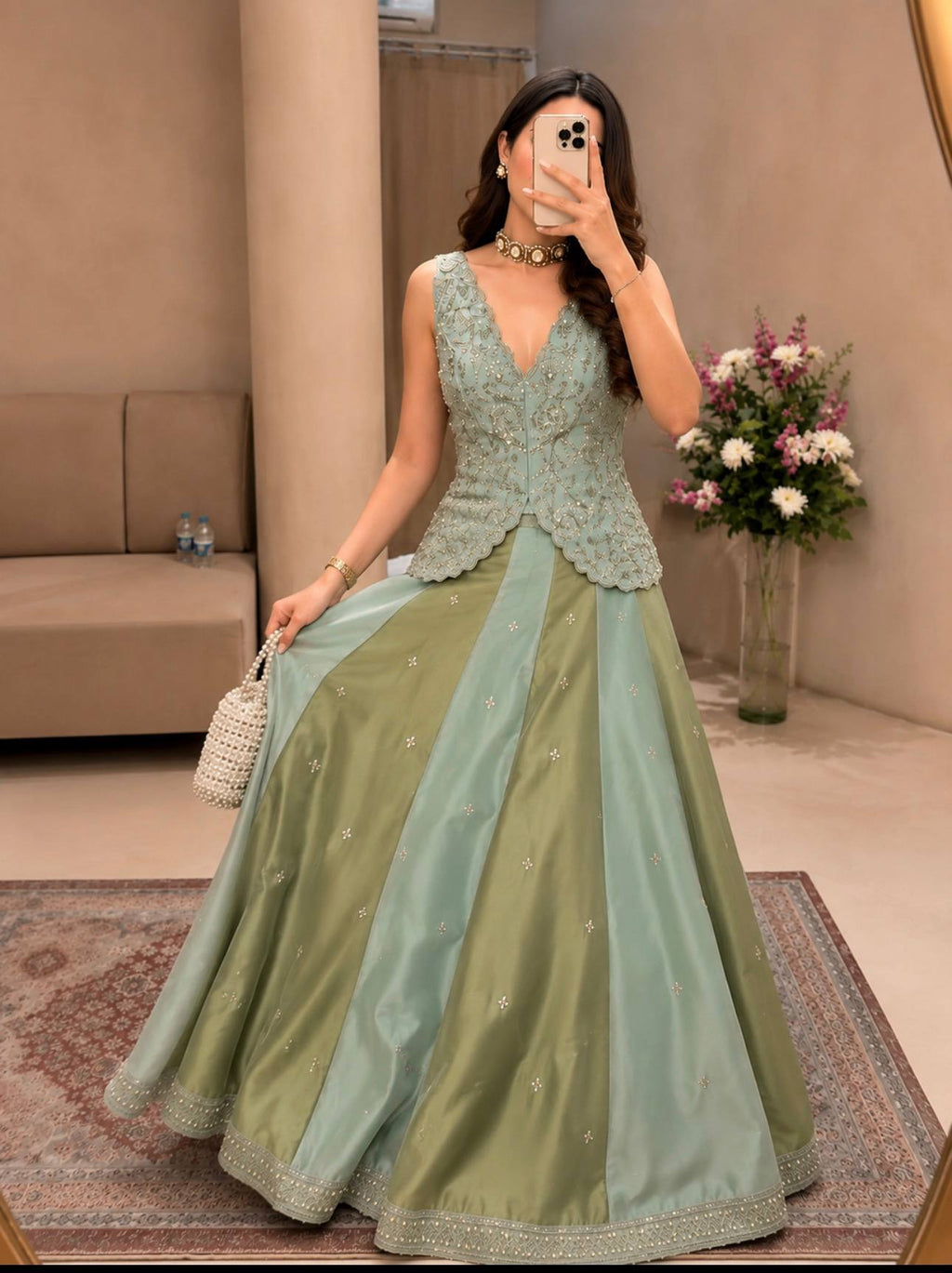 Luxury Chinon Silk Embroidered Lehenga